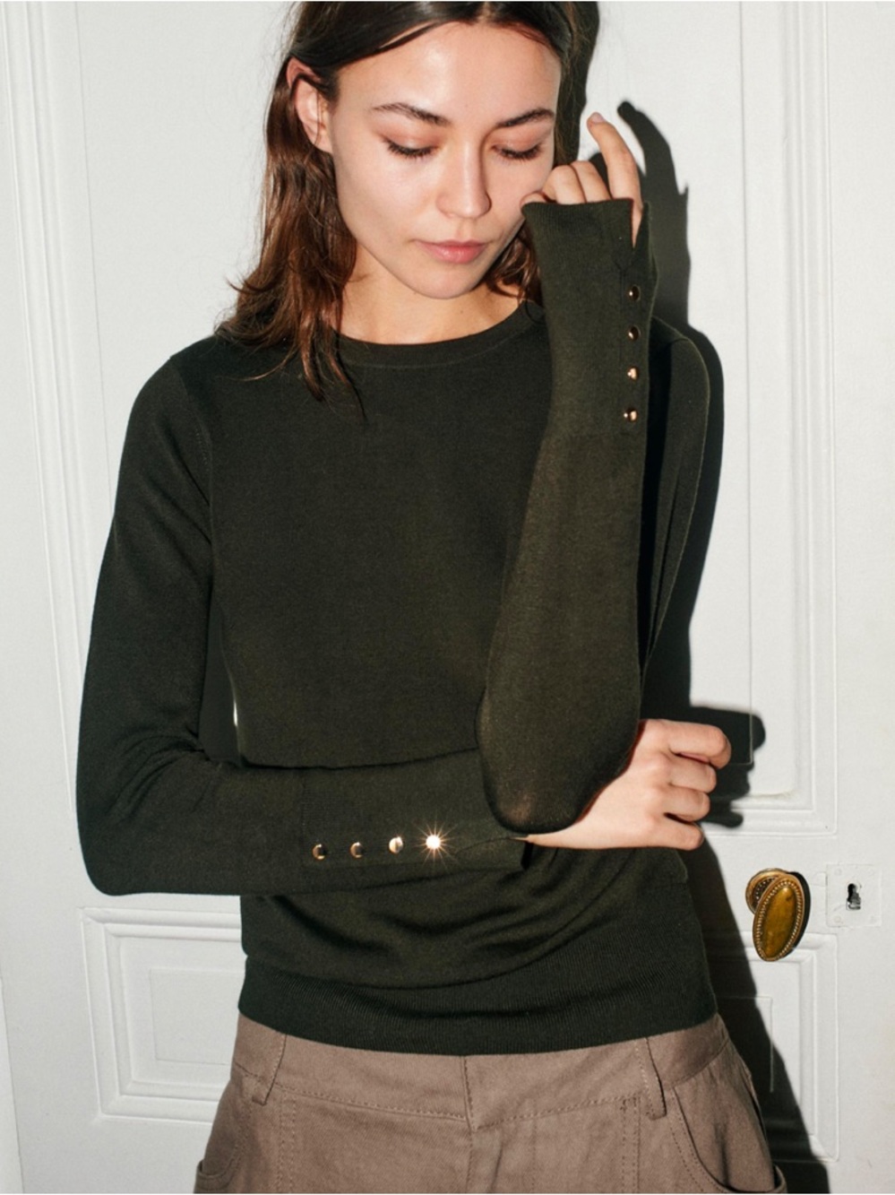 Zara Knit round neck long sleeve sweater with buttoned cuffs dark olive green